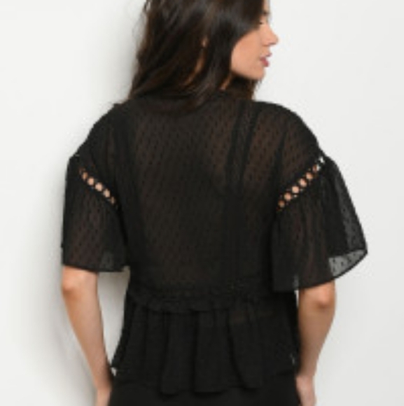 Boho Embroidered Peplum Blouse NWT Sheer Swiss Dot Black Top - Picture 6 of 11